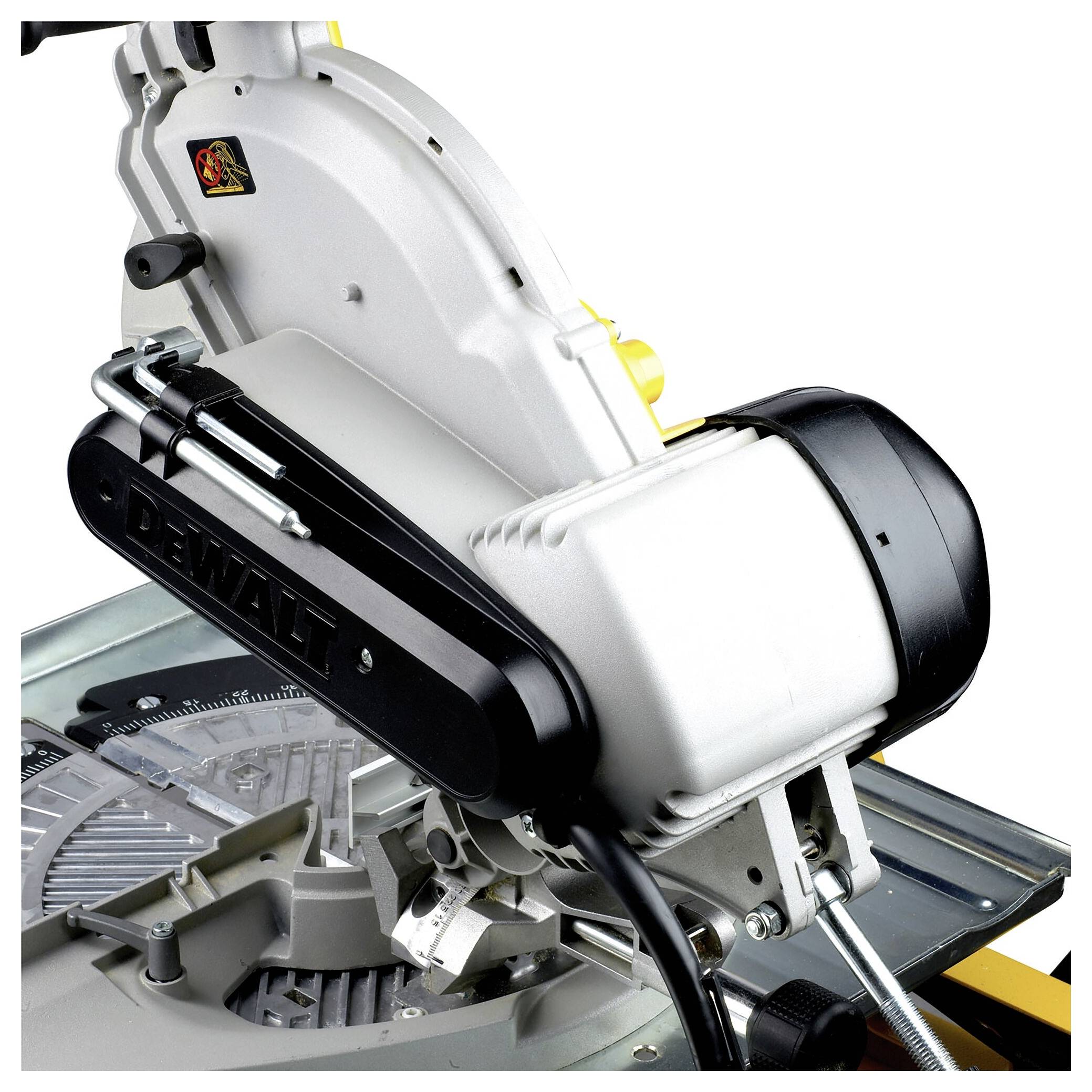 A mitre saw with a black protective housing and silver body. It is ready for precision cutting of materials.