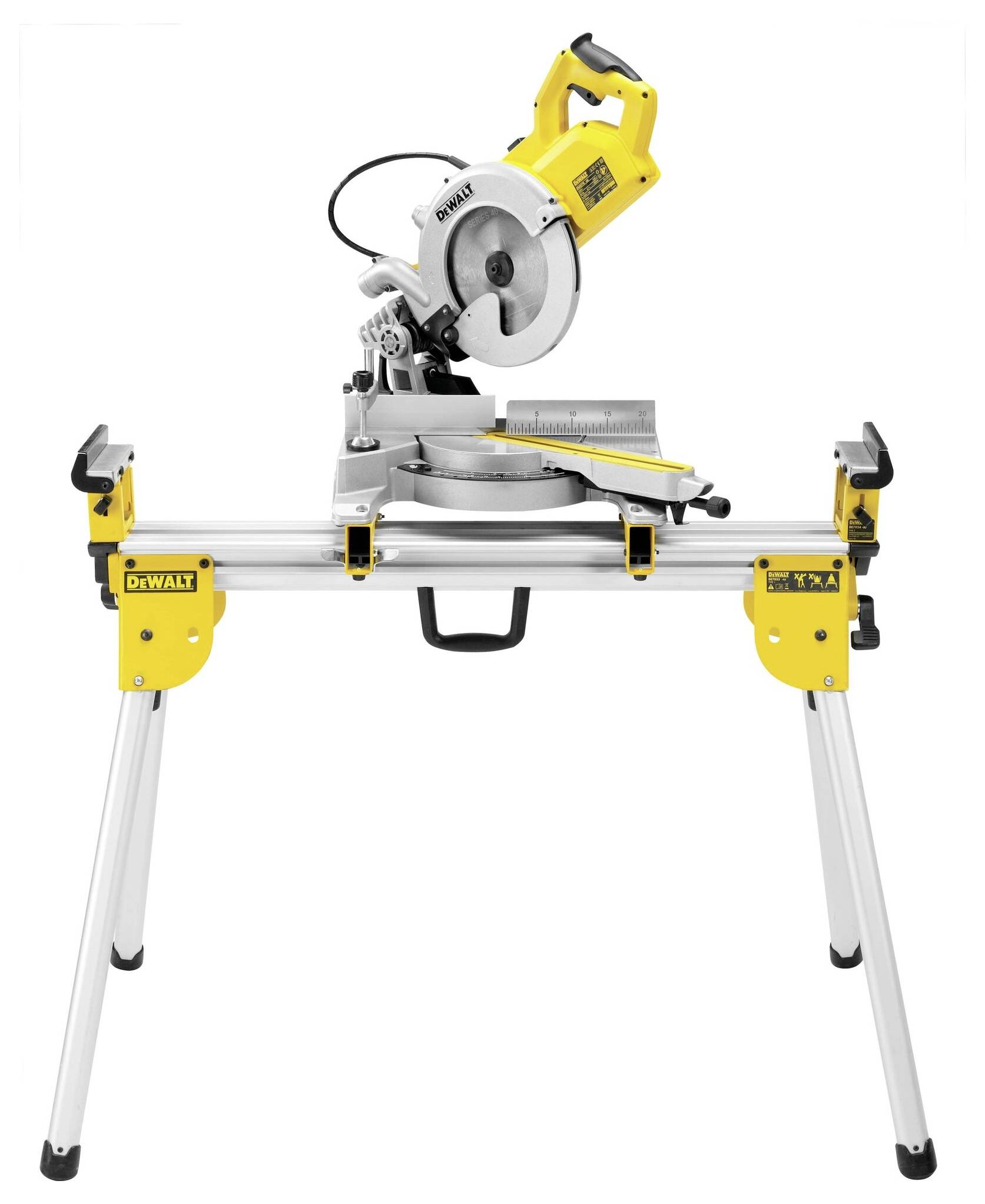Yellow and black mitre saw on a sturdy workbench.