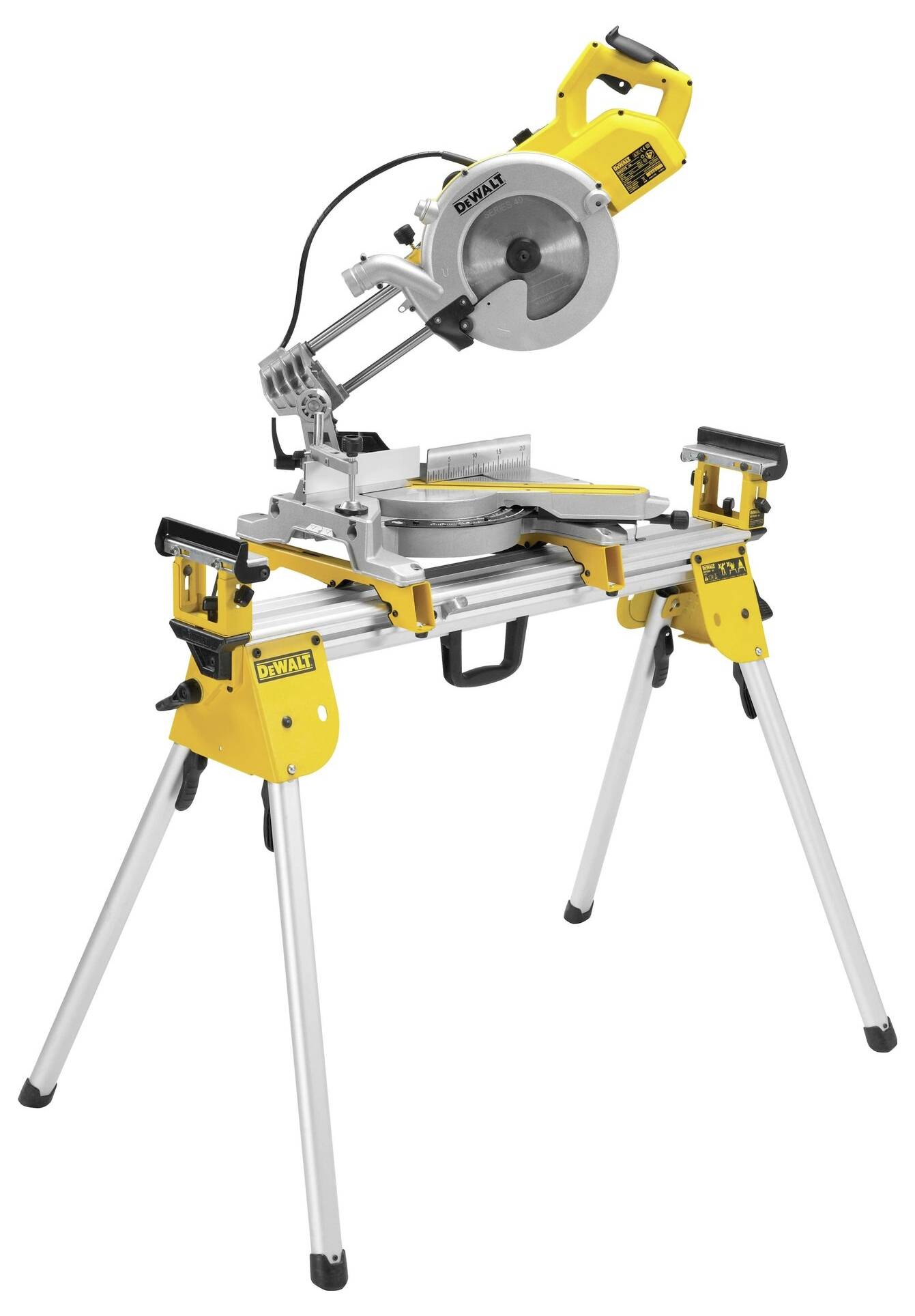 Electric mitre saw mounted on a stand, suitable for precise woodcutting. It has a yellow frame and a silver saw blade.