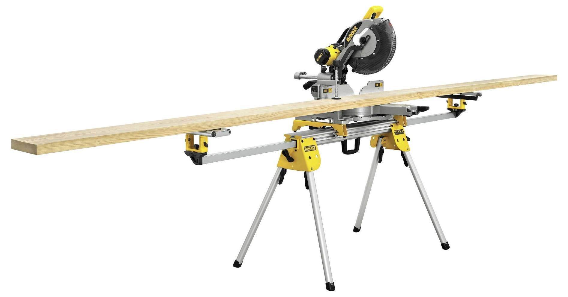 A mitre saw mounted on a sturdy stand, ready to cut a long piece of timber. Ideal for precise woodworking.