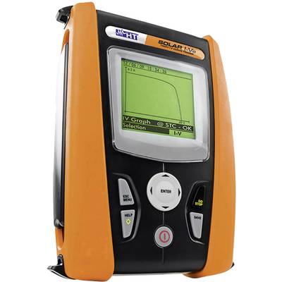 Portable measuring device with a screen that displays an I-V curve, used for analysing solar installations.
