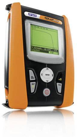 A portable solar measuring device with orange sides displays an I-V curve on the screen. Suitable for analysing solar panel performance.