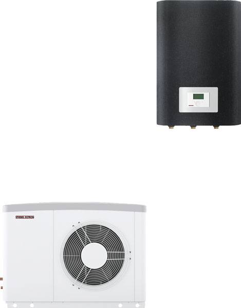 A black boiler with a display on top and a white air conditioning unit with a fan below, set against a white background.