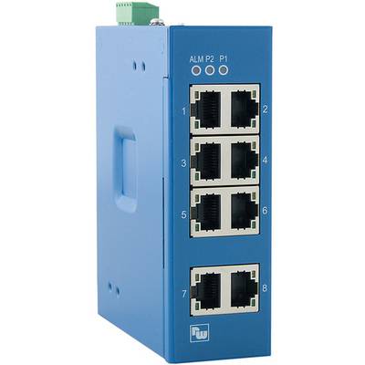 Blue network switch with eight Ethernet ports and LED indicators for 'ALM', 'P2', 'P1' on the front panel.