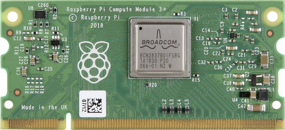 Raspberry Pi Compute Module 3+, green circuit board with multiple chips, central Broadcom processor, text 'Made in the UK'.