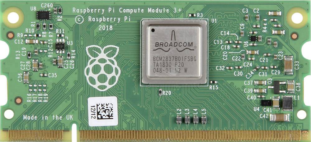 Raspberry Pi Compute Module 3+, green circuit board with electronic components and the Broadcom processor in the centre.
