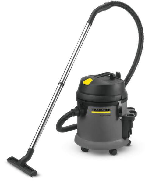 'Image of a grey and black industrial vacuum cleaner with a long suction tube and handle, mounted on wheels, for commercial cleaning.'