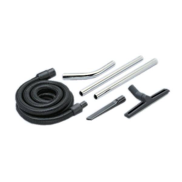 Vacuum cleaner accessory set with a flexible hose, two metal tubes, a narrow attachment and a wide nozzle for versatile cleaning applications.