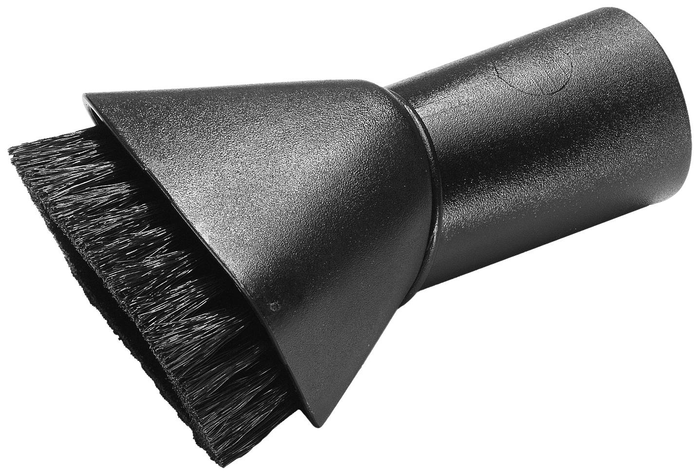 Vacuum cleaner brush attachment in black with dense bristles and a wide opening, suitable for various household cleaning tasks.