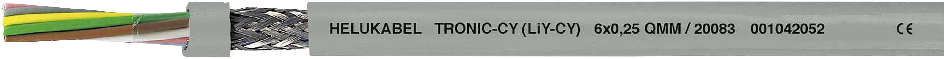 A grey cable with the marking 'HELUKABEL TRONIC-CY (LiYCY) 80°C 0.6/1kV CMR'. Multi-core and with metallic shielding.