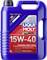 Blue canister of 'Liqui Moly 15W-40' motor oil, 5 litres. Suitable for high demands, particularly for high-performance engines. Made in Germany.
