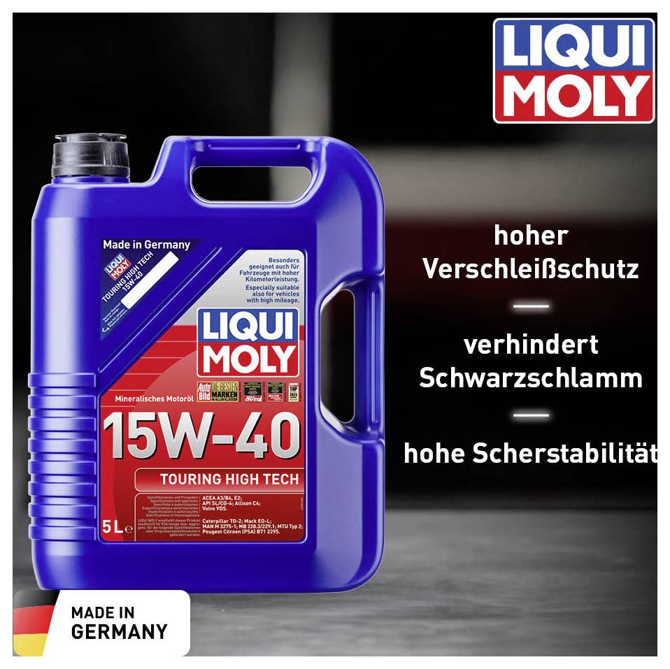 A 5-litre LIQUI MOLY 15W-40 container, indicated with texts 'high wear protection', 'prevents black sludge', 'high shear stability'. Made in Germany.