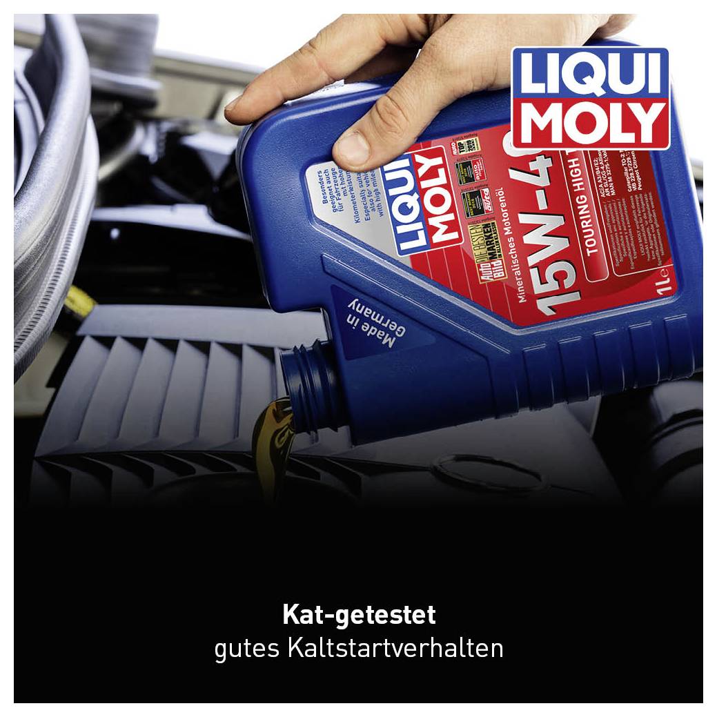 Hand pours Liqui Moly 15W-40 oil into engine. Text: 'Catalytic converter tested, good cold-start performance'.