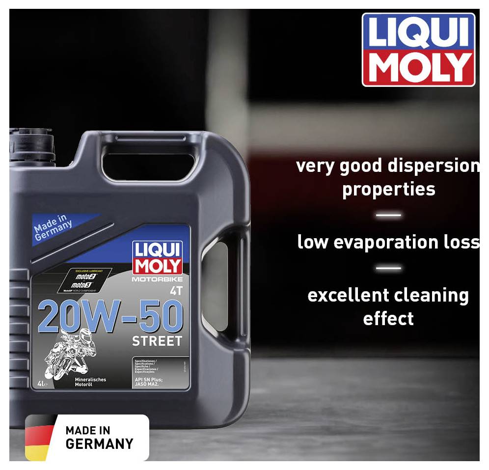 Container of motorcycle oil '20W-50 Street' by LIQUI MOLY. Key features: excellent dispersal properties, low evaporation loss, outstanding cleaning performance.