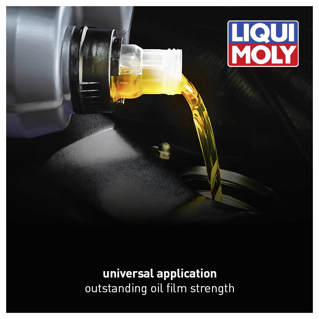 'LIQUI MOLY' bottle with a luminous yellow liquid being poured into a motor opening. Text: 'universally applicable, outstanding lubricant film stability'.
