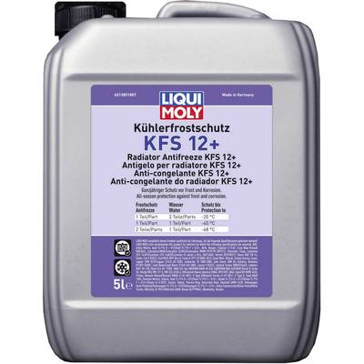'Container of coolant, Liqui Moly brand. Label: KFS 12+, protects against rust and corrosion, suitable for engines.'