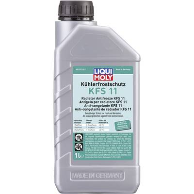 A grey bottle with a blue and red LIQUI MOLY label. Contains 'Antifreeze KFS 11', 1 litre, manufactured in Germany.