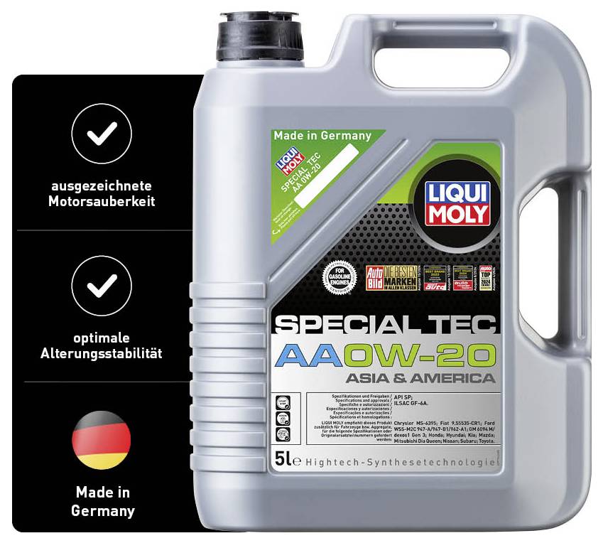 Liqui Moly motor oil canister, 5 litres, Special Tec AA 0W-20 type, promoted for engine cleaning and age stability, manufactured in Germany.