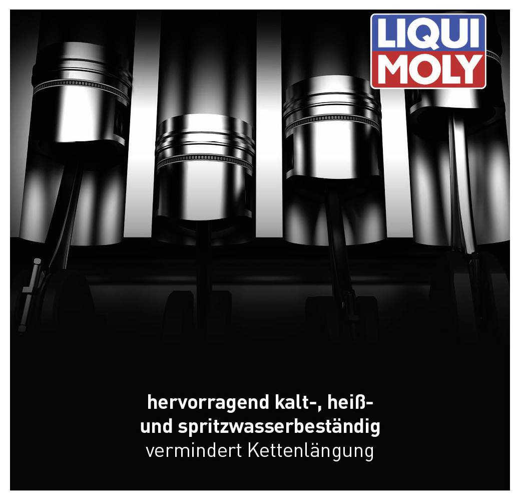 'LIQUI MOLY' logo in the top right corner. Beneath it, an image of mechanical parts. Text: 'excellently resistant to cold, heat, and splash water, reduces chain elongation'.