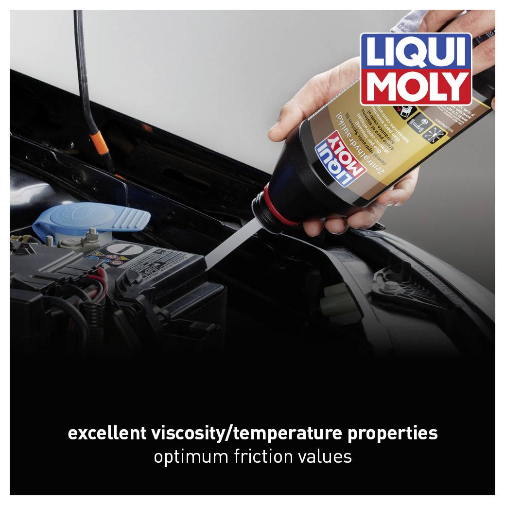 A hand is topping up a car with Liqui Moly oil. Text: 'excellent viscosity-temperature performance - optimal friction values'.
