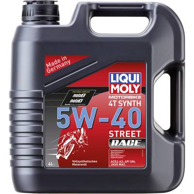 Container with a label of 'LIQUI MOLY MOTORBIKE 4T SYNTH 5W-40 Street Race', 'Made in Germany', 4 litres, fully synthetic motor oil.