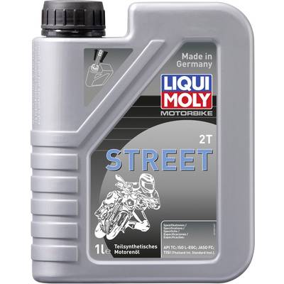 Grey bottle with 'LIQUI MOLY MOTORBIKE 2T STREET' inscription. Contains 1 litre semi-synthetic motor oil, manufactured in Germany.