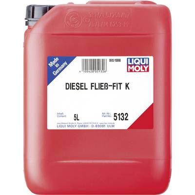 Red plastic jerry can with label 'DIESEL FLOW FIT K, 5L'. Product by LIQUI MOLY, with 'Made in Germany' indication.