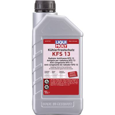 A 1-litre bottle of Liqui Moly Antifreeze KFS 13 for cars, manufactured in Germany, to prevent frost and corrosion.