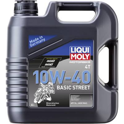 Liqui Moly oil canister, 10W-40, specially designed for motorcycles. Contains 4 litres. Manufactured in Germany.