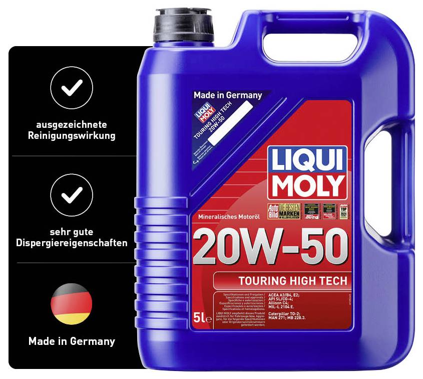 Container with 20W-50 motor oil by the brand Liqui Moly. Text 'excellent cleaning performance', 'very good dispersing properties', 'Made in Germany'.