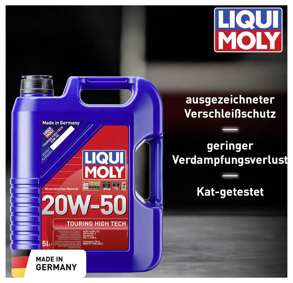 20W-50 viscosity engine oil canister by the brand LIQUI MOLY. Label reads: 'excellent wear protection, low evaporation loss, catalytic converter tested'.