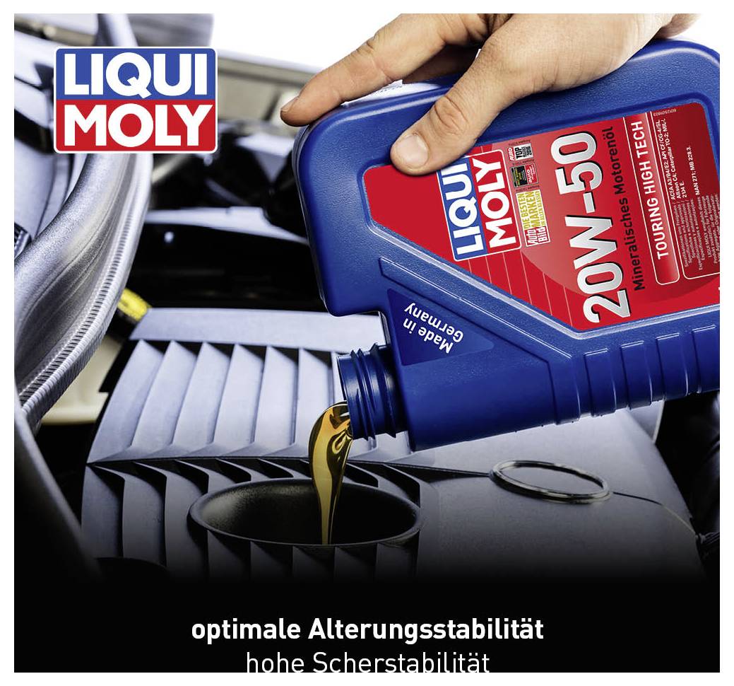 Motor oil from LIQUI MOLY 20W-50 is being poured into a vehicle's engine. Text in the image: optimal ageing stability, high shear stability.