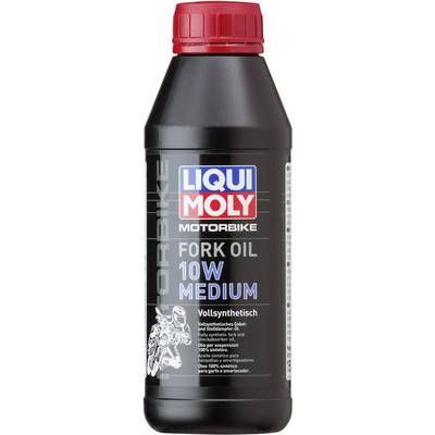 Bottle labelled 'Liqui Moly Motorbike Fork Oil 10W Medium, Fully Synthetic'. Contains fork oil for motorcycles.