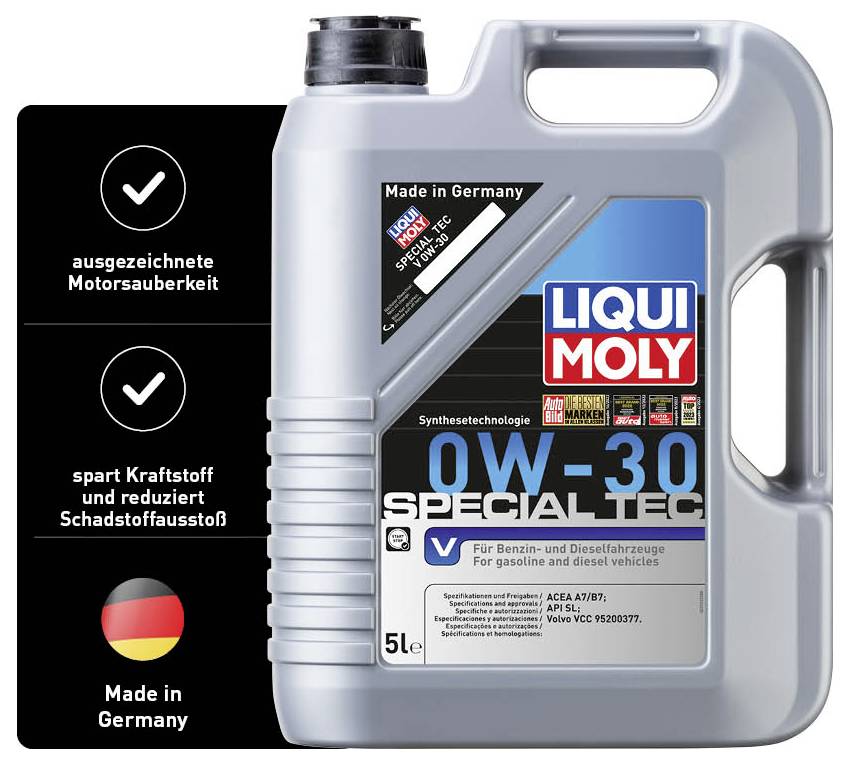 5-litre container of 'Liqui Moly 0W-30 Special Tec' engine oil. Exceptional engine cleanliness, Made in Germany, saves fuel, reduces emissions.