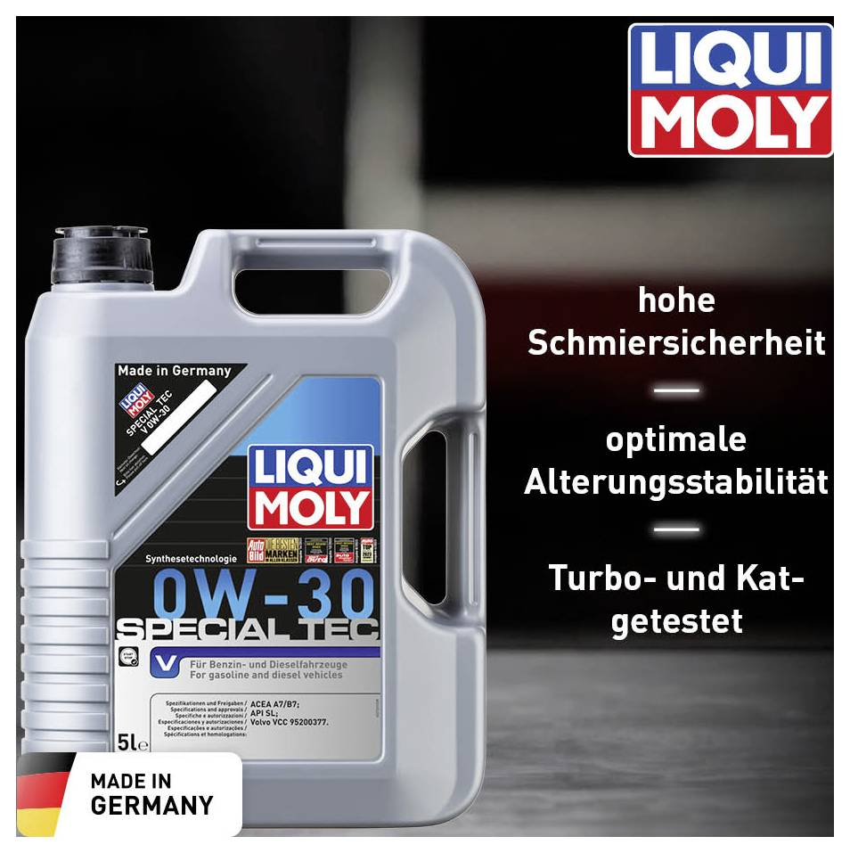 'LIQUI MOLY' motor oil canister containing 5 litres, with brand logo in the top right corner. Characteristics: high lubricating ability, ageing stability, turbo and catalytic converter tested. Made in Germany label in the bottom left corner.