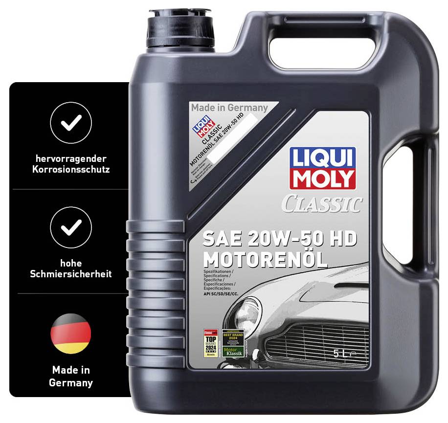 Oil Can 'LIQUI MOLY Classic SAE 20W-50 HD'. Contains properties: excellent corrosion protection, high lubrication reliability, Made in Germany.