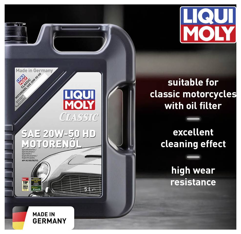 LIQUI MOLY Classic Motor Oil SAE 20W-50 HD, suitable for classic motorcycles with oil filter. Excellent cleaning performance and high wear protection. 5L bottle.