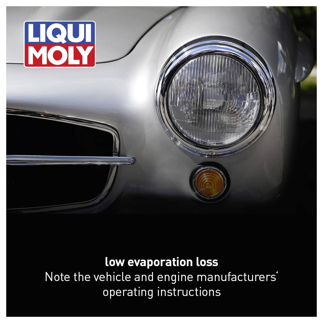 Silver car with round headlight and small yellow signal light. Top left, the Liqui Moly logo. Text: 'low evaporation loss'.