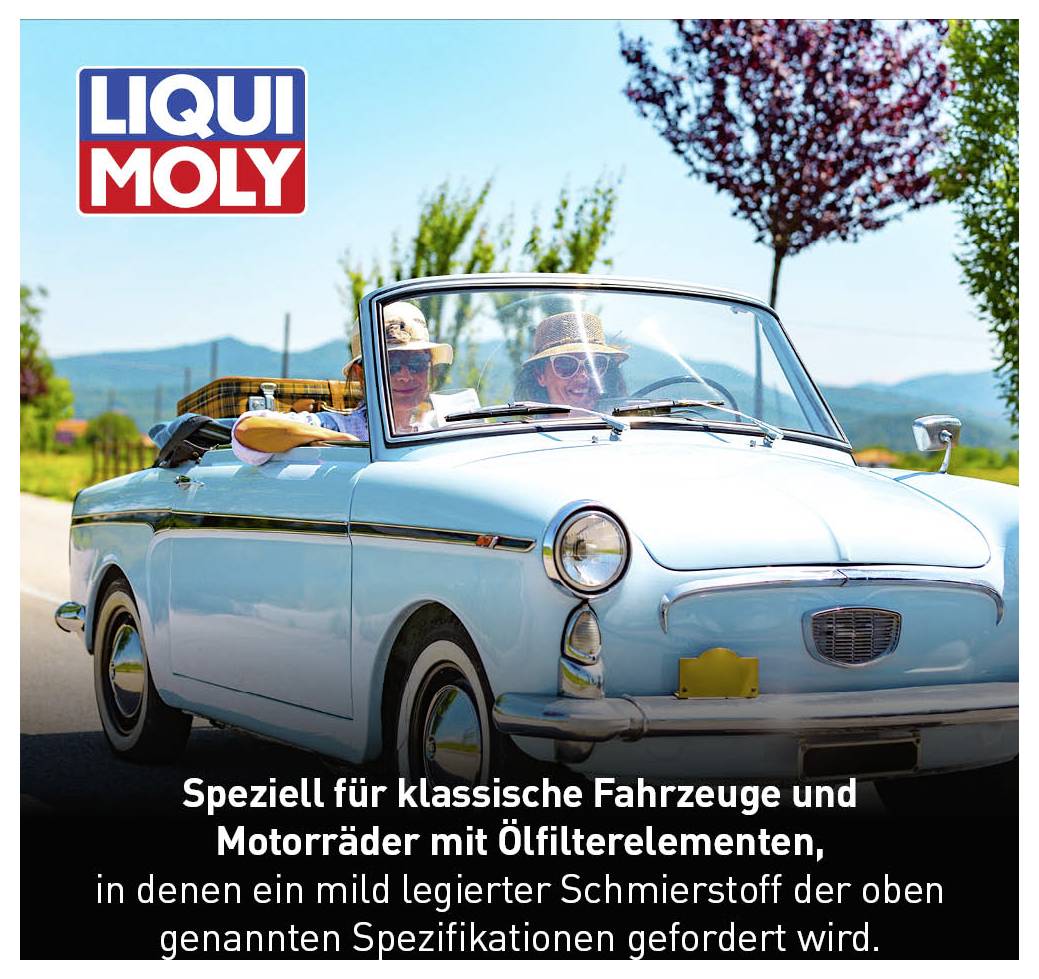 An old convertible drives along a road. Two people are wearing hats and sunglasses. The 'LIQUI MOLY' logo is displayed above the image. Beneath it is text about oil filter elements and lubricants for classic vehicles.