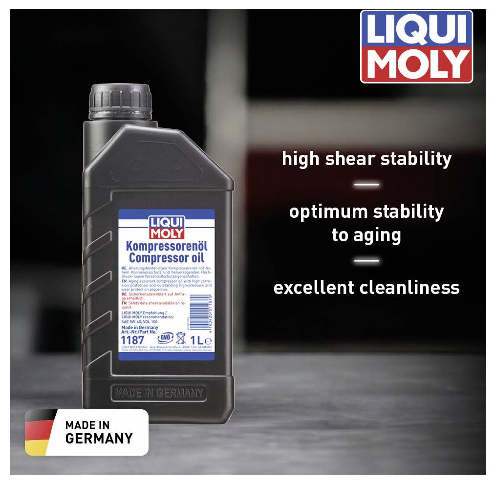 A bottle of Liqui Moly compressor oil against a blurred background. Text: 'high shear stability', 'optimal ageing stability', 'excellent cleanliness'.