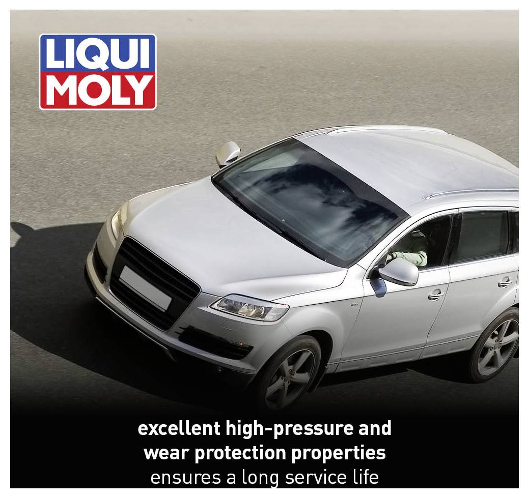 A silver car is driving on a road. The 'LIQUI MOLY' logo is positioned in the top left. Text at the bottom reads: 'excellent high-pressure and wear protection properties'.