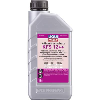 Bottle of coolant by Liqui Moly with the label 'Radiator Antifreeze KFS 12++'. Contents: 1 litre. Made in Germany.