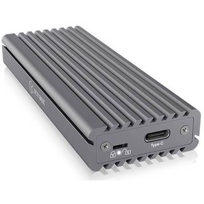 A grey, ribbed aluminium enclosure for an SSD drive with USB-C and USB ports, suitable for rapid data transfers.