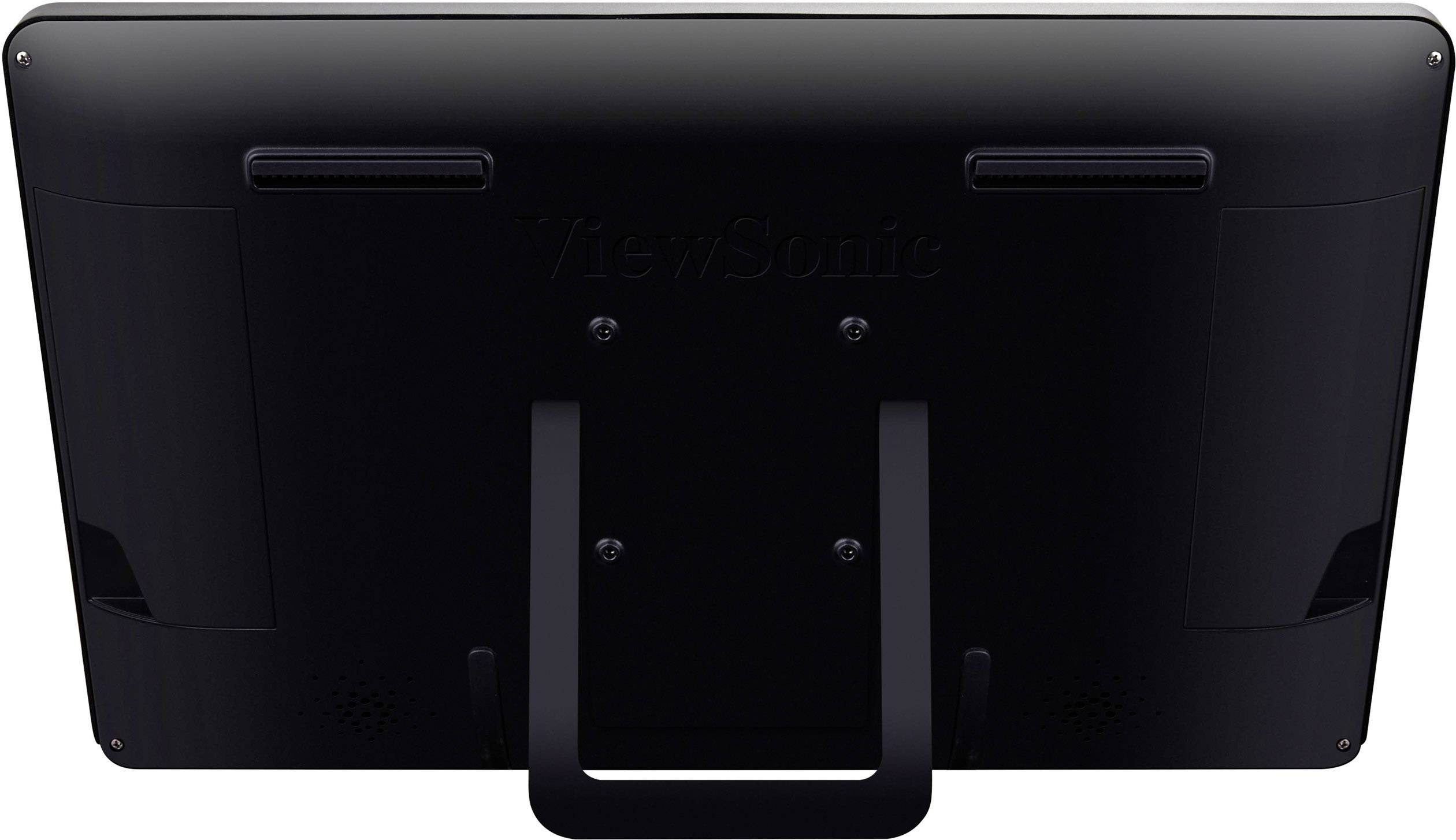 The rear view of a black monitor with a sturdy stand and two ventilation slots at the top.