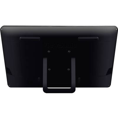 The rear view of a black monitor with a sturdy stand and two ventilation slots at the top.