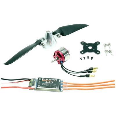 A propeller set with motor, mounting bracket and electronic speed controller. Includes screws and cable connections.