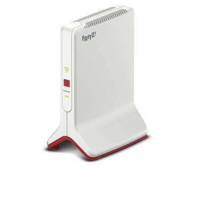 A white Wi-Fi repeater with a red base and the 'FRITZ!' logo in the top left corner. It displays LEDs indicating connection status and Wi-Fi activity.