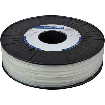 A black plastic reel with a white filament thread, featuring a brand logo on it.