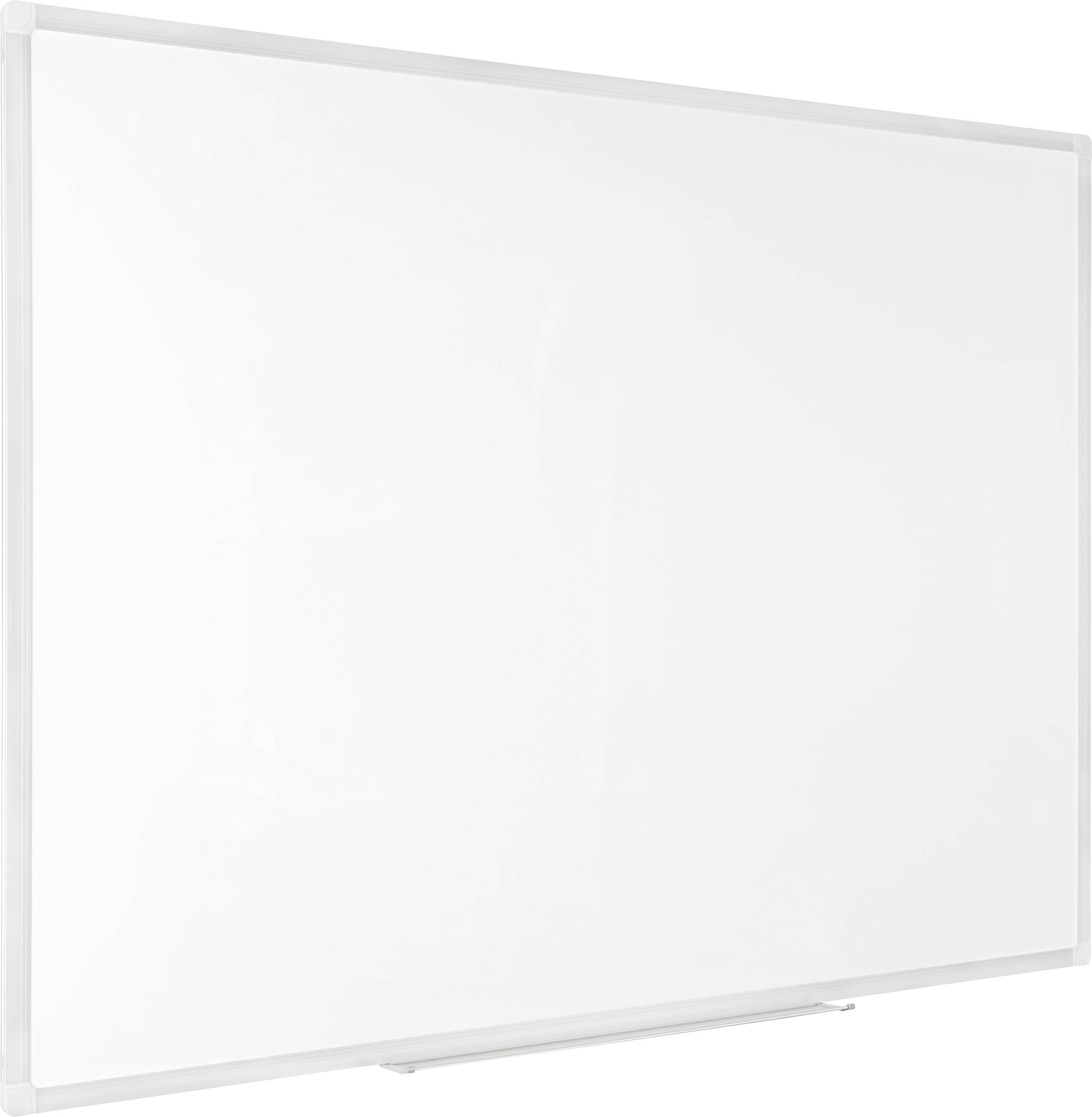 A blank, white whiteboard with a silver frame, viewed from a side angle.