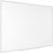 A blank, white whiteboard with a silver frame, viewed from a side angle.